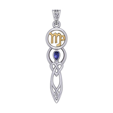 Celtic Goddess Virgo Astrology Zodiac Sign Silver and Gold Accents Pendant with Sapphire MPD5940 - Jewelry